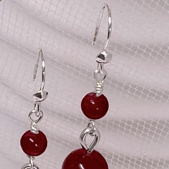 ARTISAN 𝅺Crimson Red Jade Beaded Dangle Sterling Silver Earrings - Picture 9 of 14